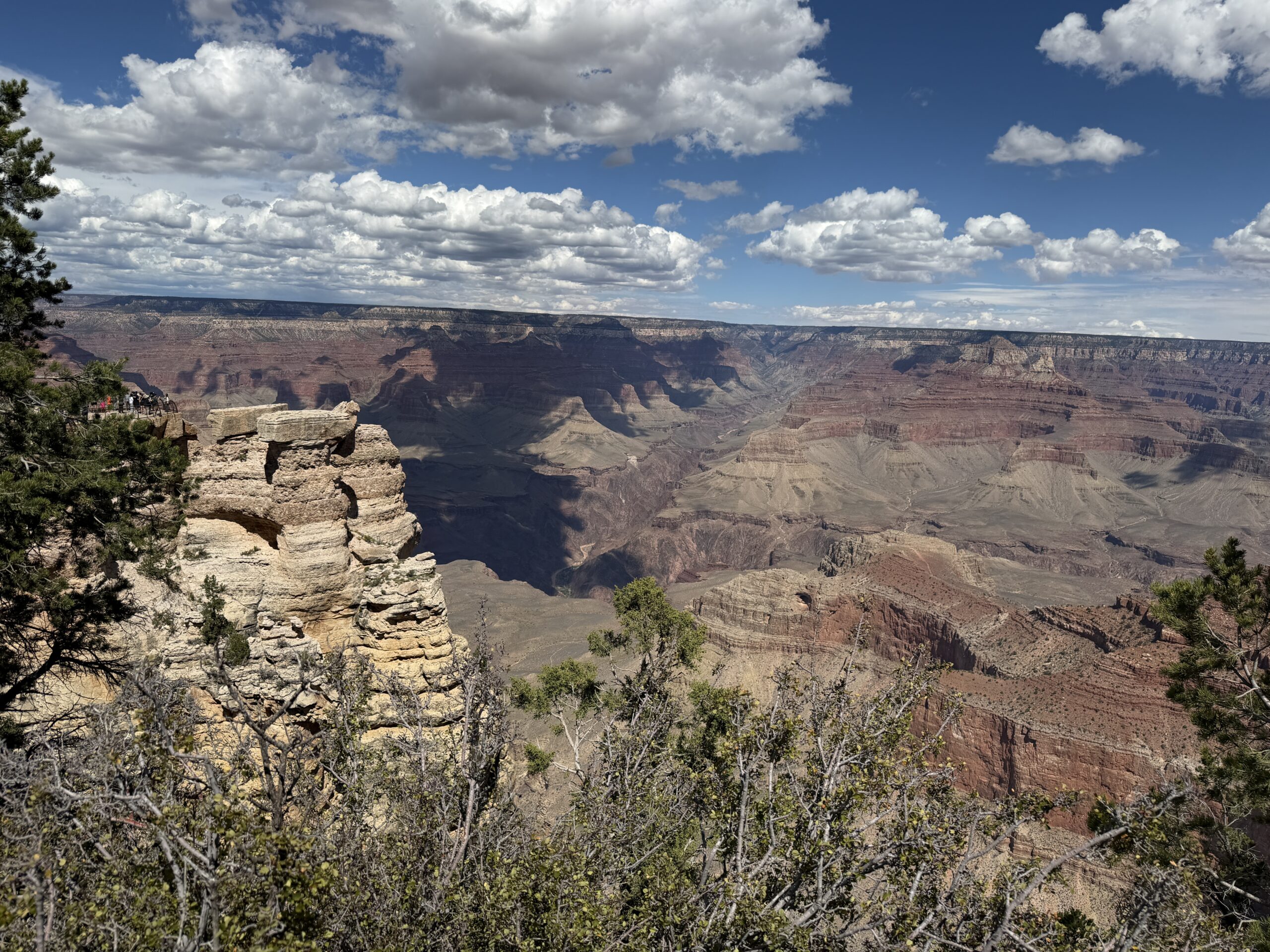 Wide view across the Grand Canyon beneath dramatic clouds.