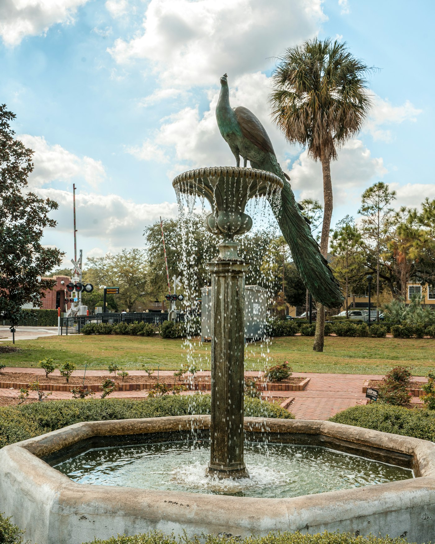 Central Park fountain in Winter Park, Florida, with peaceful landscaping and public gathering space