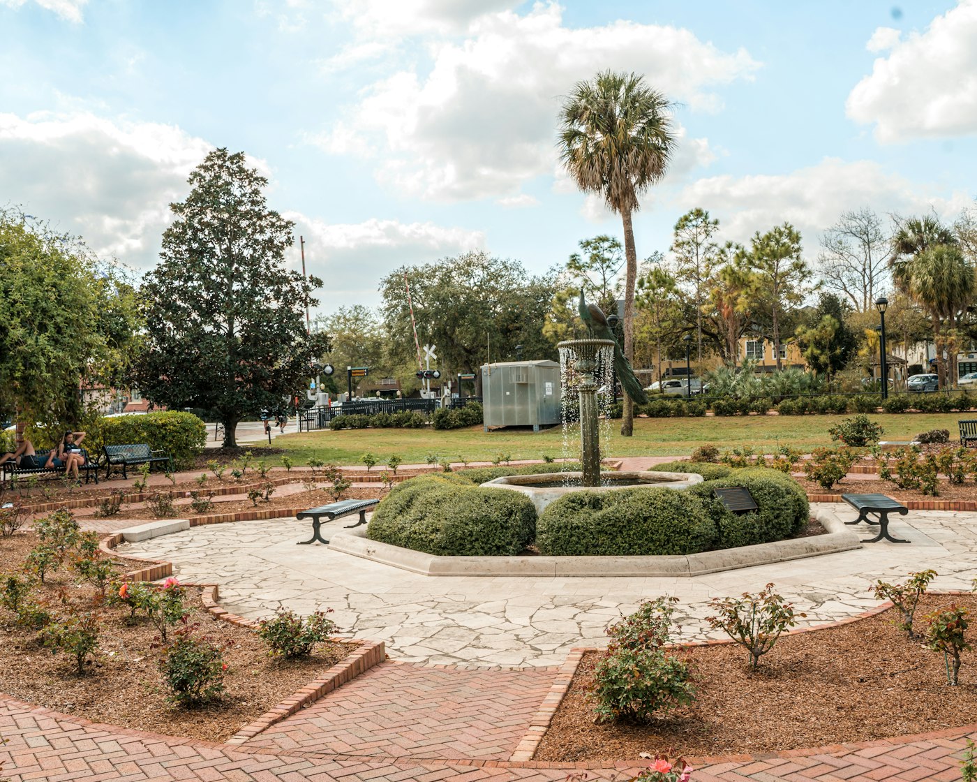 Manicured park with palm trees and open green space in Winter Park, Florida